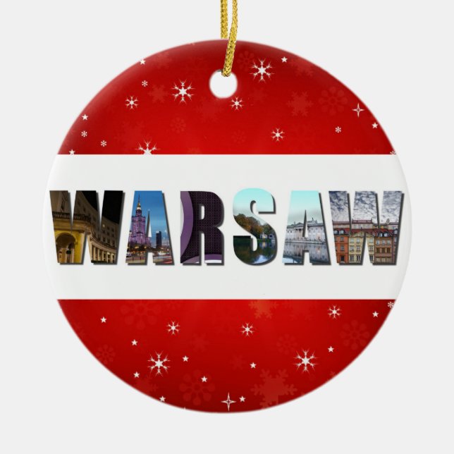 Warsaw Poland Travel Photo Red Snowflake Christmas Ceramic Ornament (Front)