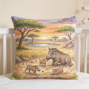 Warthog Mama And Piglets Safari Animals Throw Pillow