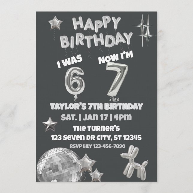 Was 6 Now 7, Silver Balloon 7th Birthday Invitation (Front)
