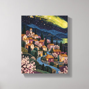 Wasabi Comet over Plum Village Folk Nightscape Canvas Print