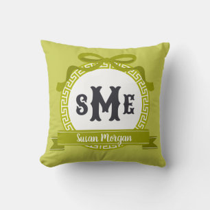 Wasabi Green Reverse Greek Key Bow Monogram Throw Pillow