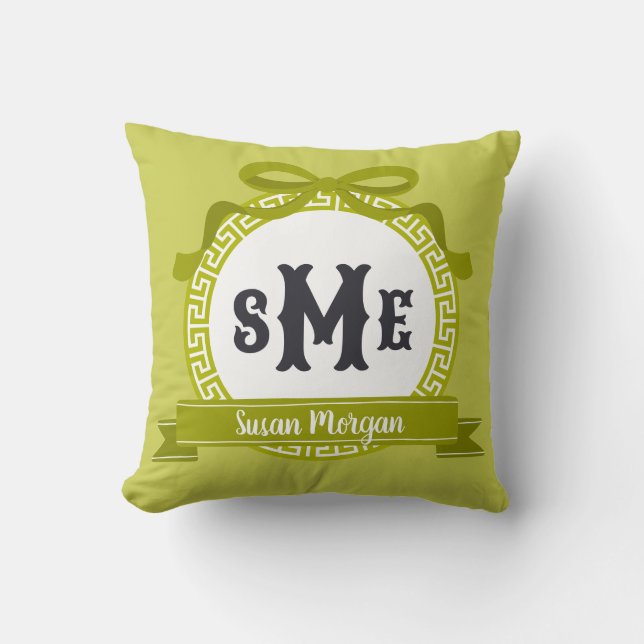Wasabi Green Reverse Greek Key Bow Monogram Throw Pillow (Front)