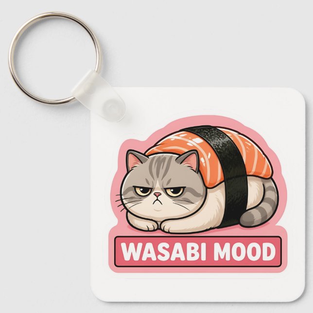 Wasabi Mood Funny Grumpy Cat Sushi Meme Keychain (Front)