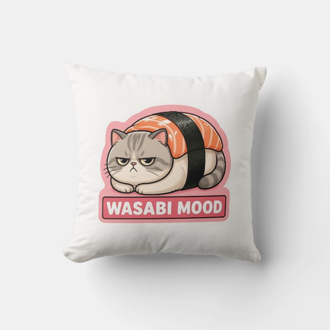 Wasabi Mood Funny Grumpy Cat Sushi Meme Throw Pillow (Front)