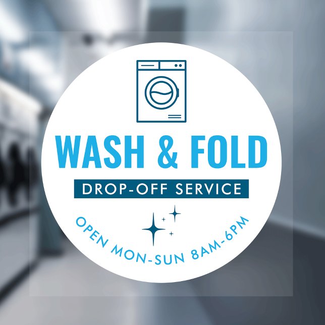 Wash and Fold Service Laundry Dry Cleaners Blue Window Cling (Modern blue and white Wash & Fold marketing window cling sign)