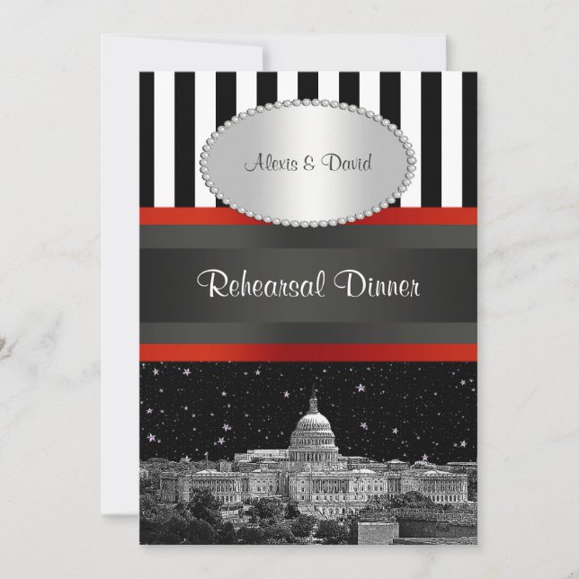 Wash DC Skyline Blk Wht Strp P Rehearsal Dinner Invitation (Front)