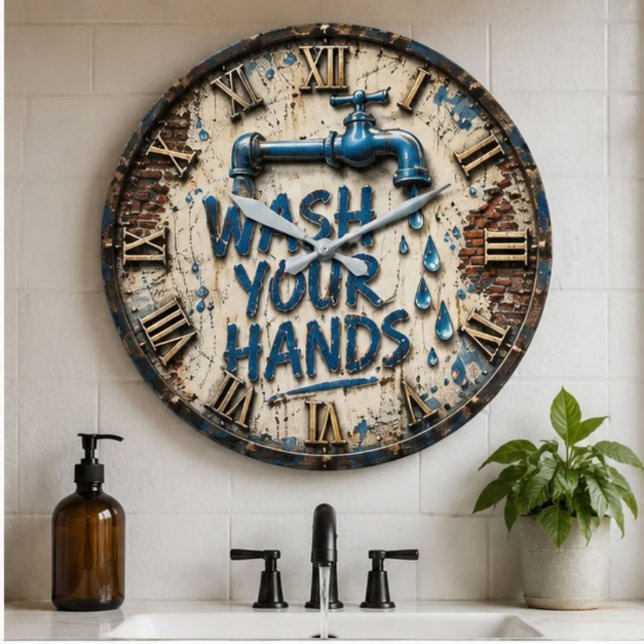 Wash Your Hands Bathroom Rustic Farmhouse  Large Clock (Creator Uploaded)