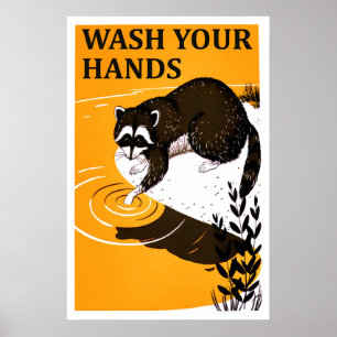 Wash Your Hands Raccoon Poster – Bathroom Sink