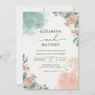 Washed Coral & Teal Floral Arch Wedding Invitation