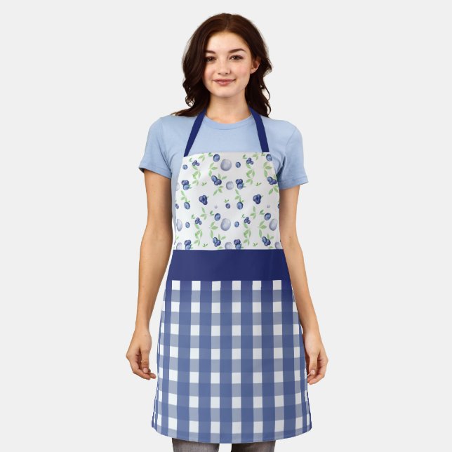 Washed Dark Blue Gingham and Blueberries Apron (Worn)