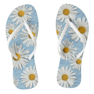 Washed Denim Daisy Flower Blossom - Trendy Fashion Flip Flops
