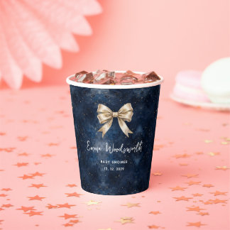 Washed Navy Blue Night Sky Golden Bow Baby Shower Paper Cups