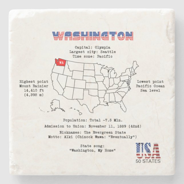 Washington American state on a map and useful info Stone Coaster (Front)