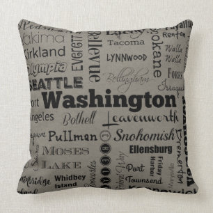Washington cities typography pillow in grey/black
