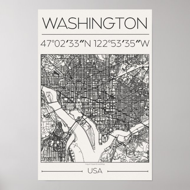 Washington DC Charcoal City Map Poster ModernUrban (Devant)