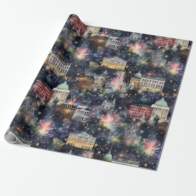 Washington DC Christmas & New Year's Watercolors Wrapping Paper (Unrolled)