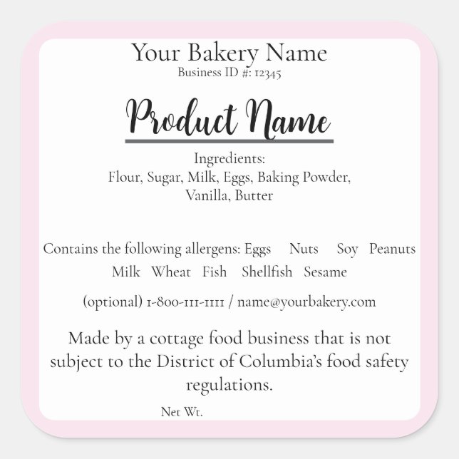 Washington DC Cottage Food Business Baking Label (Front)