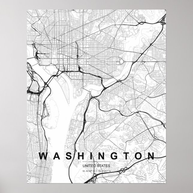 Washington DC Minimalist Map (Black & White) Poster (Front)