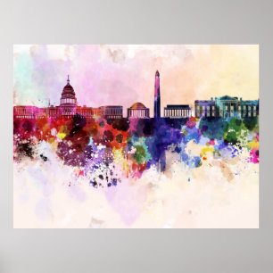 Washington DC skyline in watercolor background Poster