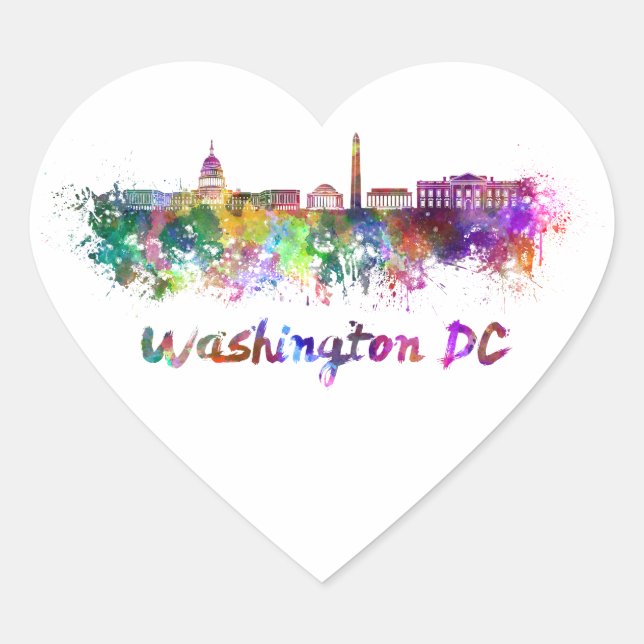 Washington DC skyline in watercolor Heart Sticker (Front)