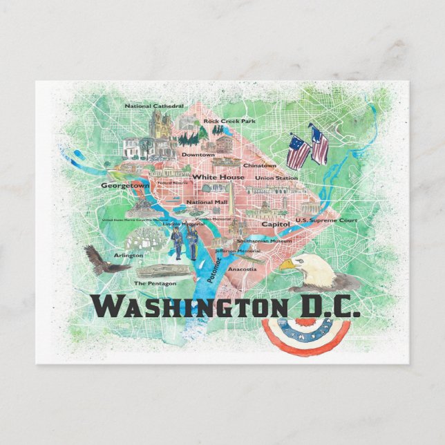 Washington DC USA Illustrated Map with Main Roads  Postcard (Front)