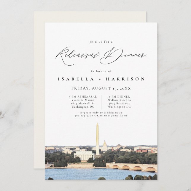 WASHINGTON DC Watercolor Skyline Rehearsal Dinner Invitation (Front/Back)