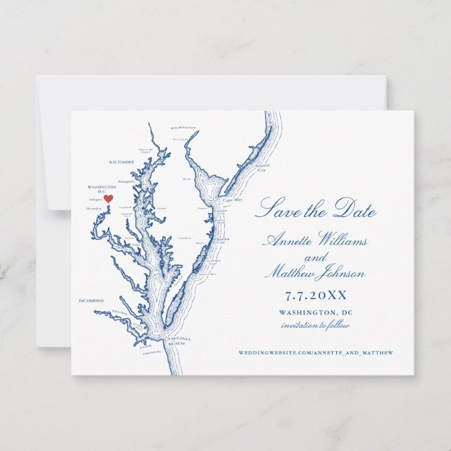 Washington DC Wedding Elegant Navy Map Save The Date (Front)