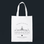 Washington DC Wedding | Stylized Skyline Reusable Grocery Bag<br><div class="desc">A unique wedding bag for a wedding taking place in the beautiful city of Washington DC.  This bag features a stylized illustration of the city's unique skyline with its name underneath.  This is followed by your wedding day information in a matching open lined style.</div>