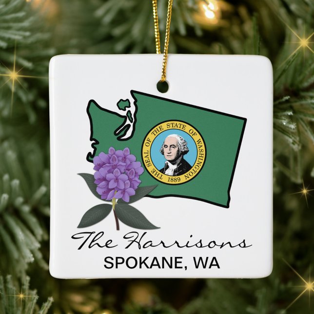 Washington Flag & Flower Pacific Rhododendron Ceramic Ornament (Creator Uploaded)