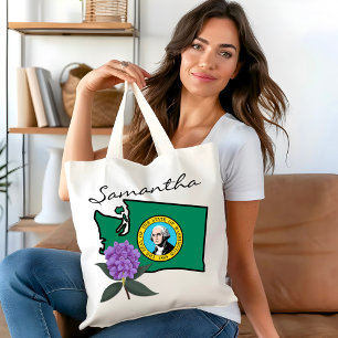 Washington Flag & Flower Pacific Rhododendron Tote Bag