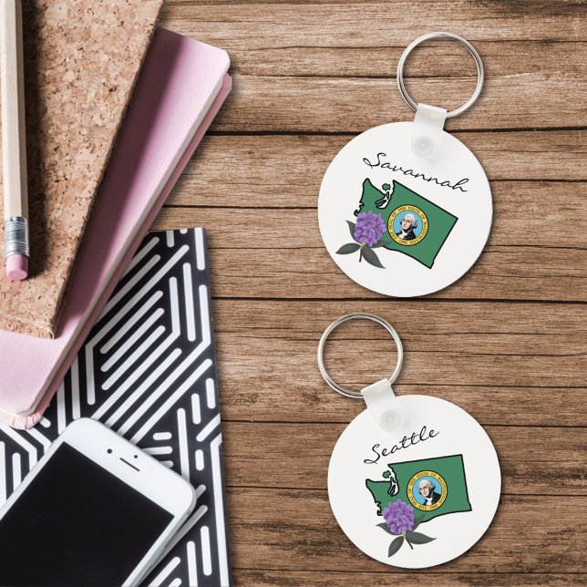 Washington Flag & Flower Rhododendron Custom Text Keychain (Creator Uploaded)