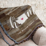 Washington Home State Personalized Wood Look Throw Blanket<br><div class="desc">Show some home state pride with this cute rustic faux wood plank throw blanket featuring "home" in white calligraphy script lettering with a silhouette map of the state of Washington standing in for the letter "O." A pink heart illustration inside the state map completes the design; you can change the...</div>