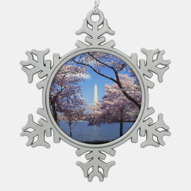 Washington Monument Through Cherry Blossoms Snowflake Pewter Christmas Ornament (Front)