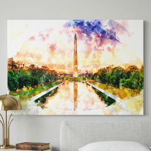 Washington Monument Watercolor Sunset Reflection Canvas Print