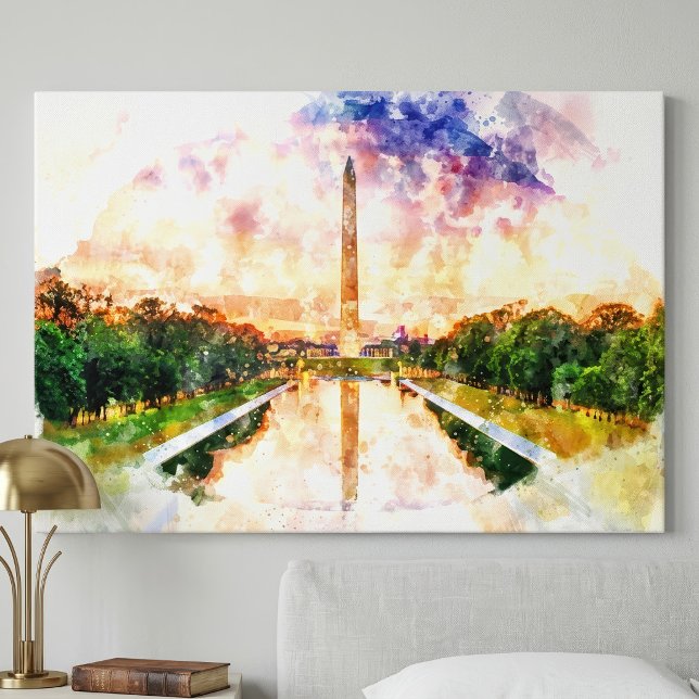 Washington Monument Watercolor Sunset Reflection Canvas Print (Washington Monument Watercolor Sunset Reflection. Canvas Print)