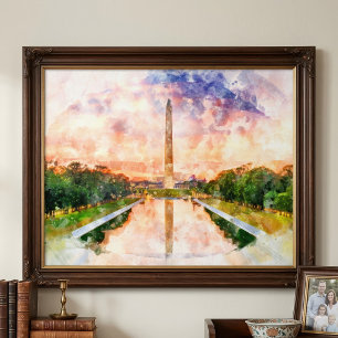 Washington Monument Watercolor Sunset Reflection Photo Print