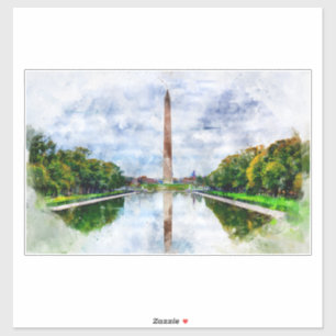 Washington Monument watercolor with reflection