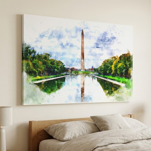Washington Monument Watercolor with Reflection Canvas Print (Washington Monument Watercolor with Reflection. Canvas Print)