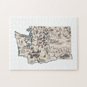 Washington Shaped Vintage Evergreen Picture Map Jigsaw Puzzle