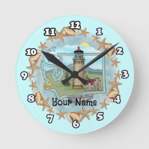 Washington Shells Lighthouse  Round Clock