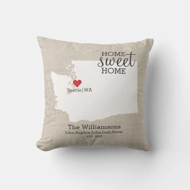 Washington State Love Home Sweet Home Custom Map Throw Pillow (Front)