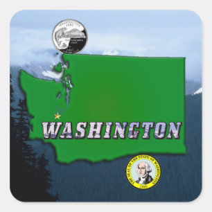 Washington State Map Faux Quarter, Seal, Mountains Square Sticker