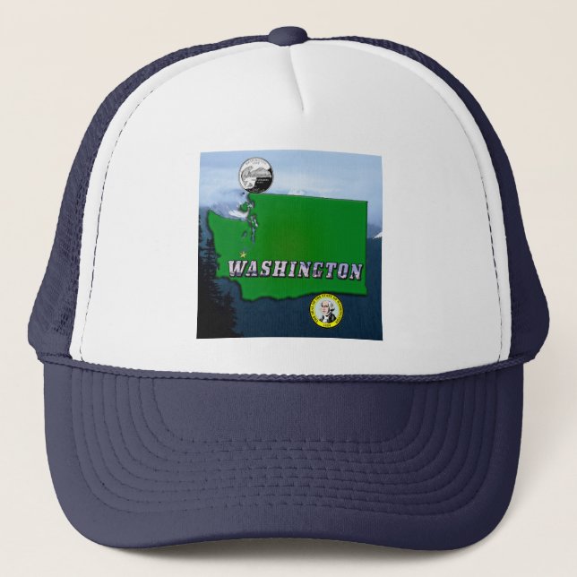 Washington State Map Faux Quarter, Seal, Mountains Trucker Hat (Front)