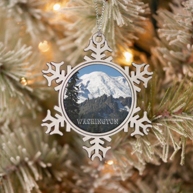 Washington State Mount Rainier Snowflake Pewter Christmas Ornament (Tree)