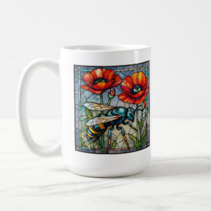Wasp hornet bee stained glass vibrant poppy flower coffee mug