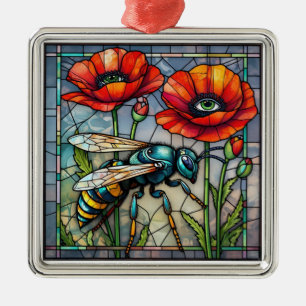 Wasp hornet bee stained glass vibrant poppy flower metal ornament