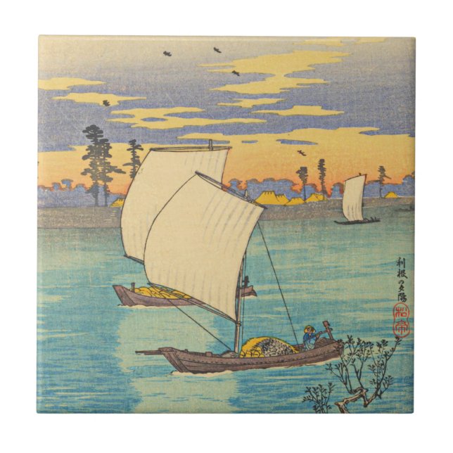 Watanabe Shotei-Sunset Glow at Tone River Tile (Front)