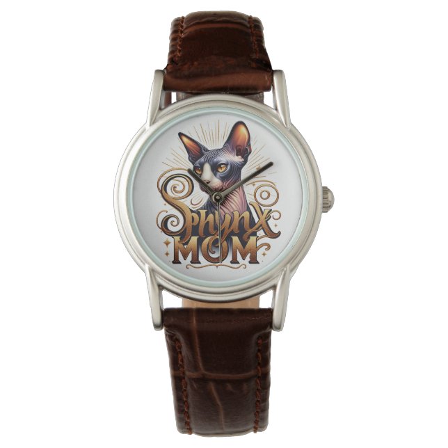 Watch Brown Leather Strap | Sphynx Cat Mom  (Front)