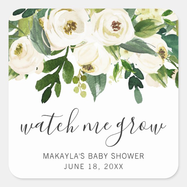 Watch Me Grow Elegant Floral Girl Baby Shower Square Sticker (Front)