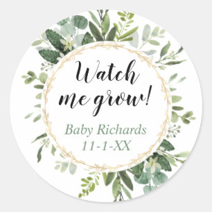 Watch me grow greenery gold eucalyptus baby shower classic round sticker